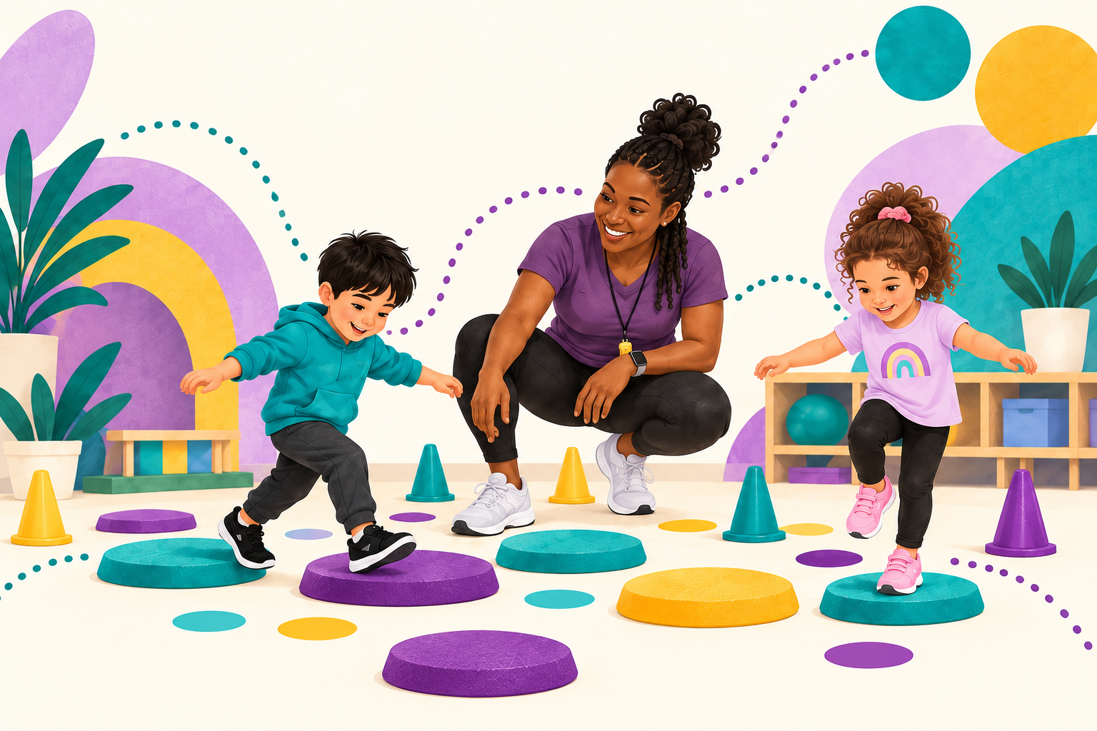 Illustration of a woman coach encouraging two children to practice balance on colorful stepping stones